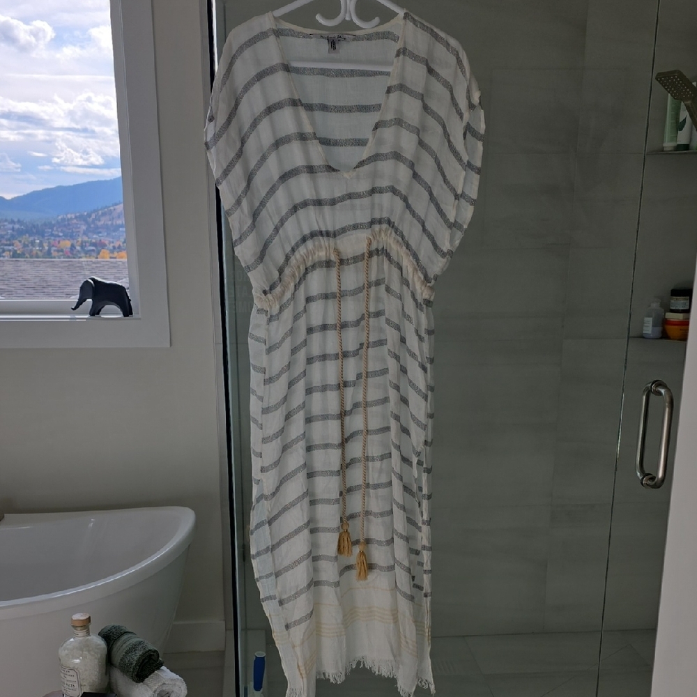 Michael Stars White and Gray Striped Swim Coverup